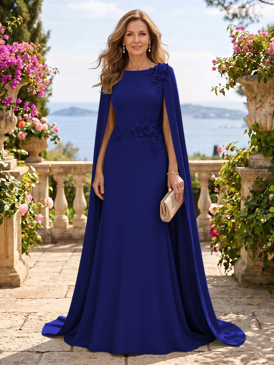 Jewel Lace Mermaid 3D Flower Floor Length Mother of the Bride/Groom Dresses with Cape