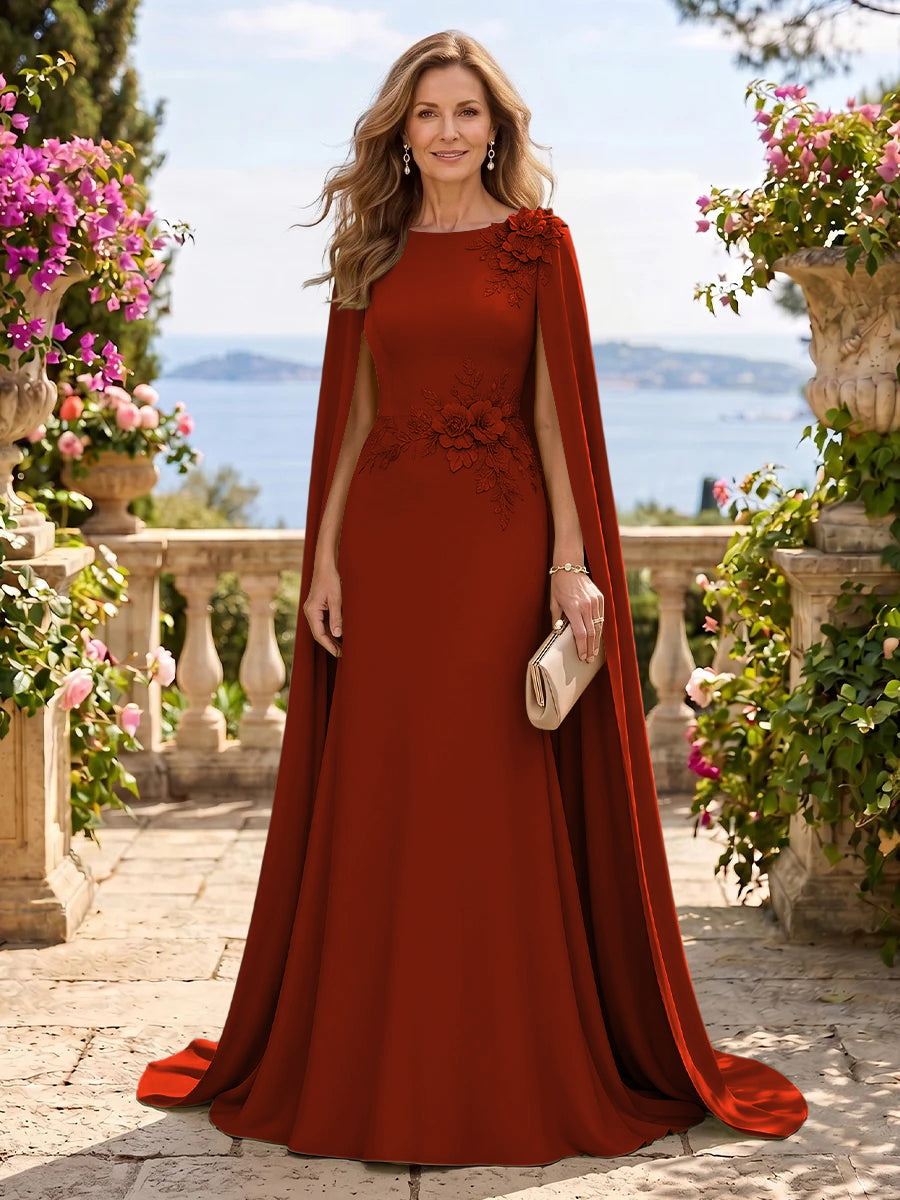 Jewel Lace Mermaid 3D Flower Floor Length Mother of the Bride/Groom Dresses with Cape