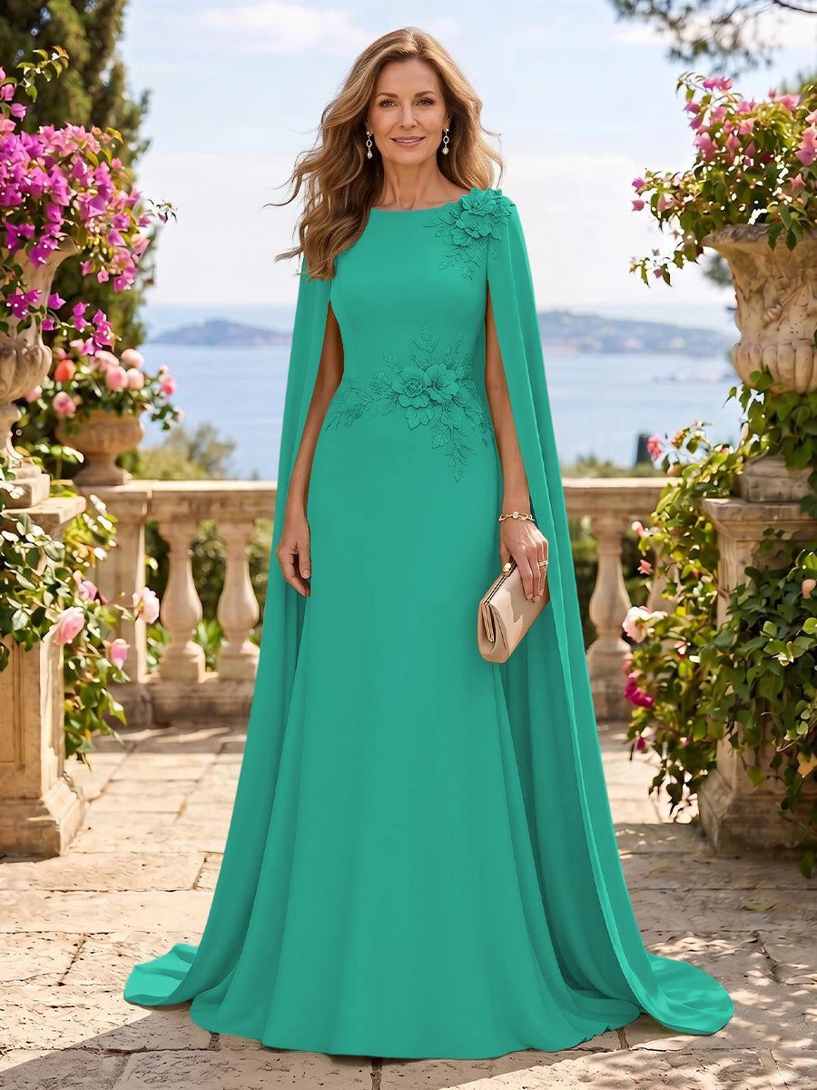 Jewel Lace Mermaid 3D Flower Floor Length Mother of the Bride/Groom Dresses with Cape