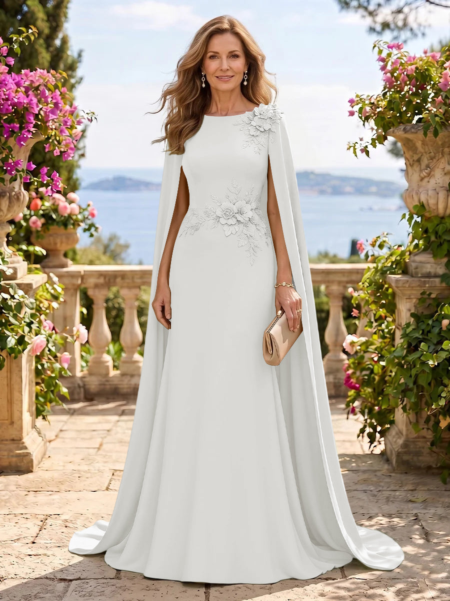 Jewel Lace Mermaid 3D Flower Floor Length Mother of the Bride/Groom Dresses with Cape