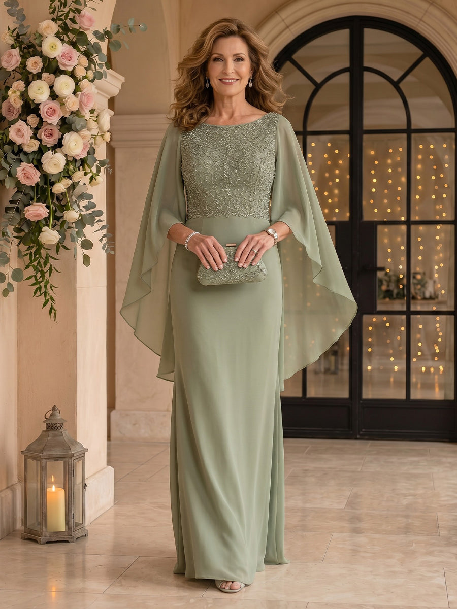 Jewel Chiffon Mermaid Floor Length Mother of the Bride/Groom Dresses with Cape