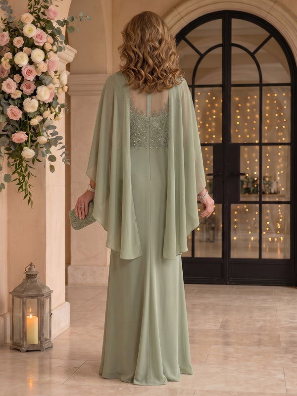 Jewel Chiffon Mermaid Floor Length Mother of the Bride/Groom Dresses with Cape