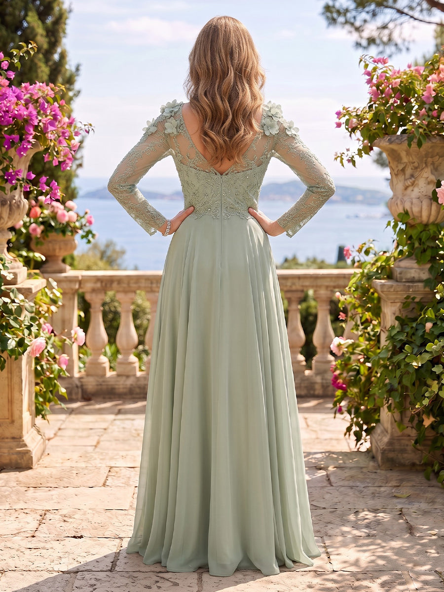 Jewel Lace A Line 3D Flower Floor Length Mother of the Bride/Groom Dresses