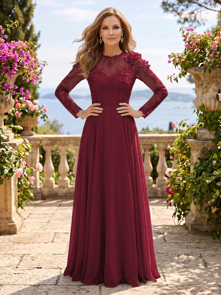 Jewel Lace A Line 3D Flower Floor Length Mother of the Bride/Groom Dresses