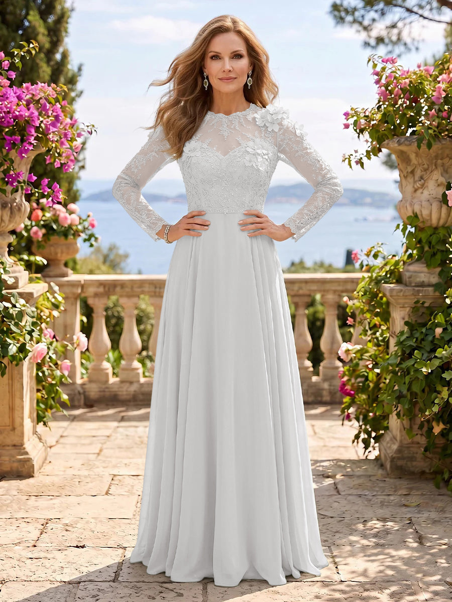 Jewel Lace A Line 3D Flower Floor Length Mother of the Bride/Groom Dresses