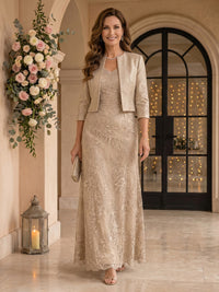 V Neck 3/4 Sleeves 2 Pieces Lace A Line Mother of the Bride Dresses