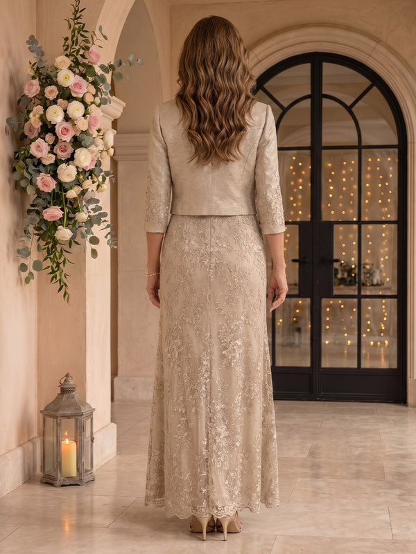 V Neck 3/4 Sleeves 2 Pieces Lace A Line Mother of the Bride Dresses