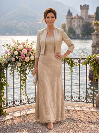 V Neck 3/4 Sleeves 2 Pieces Lace A Line Mother of the Bride Dresses