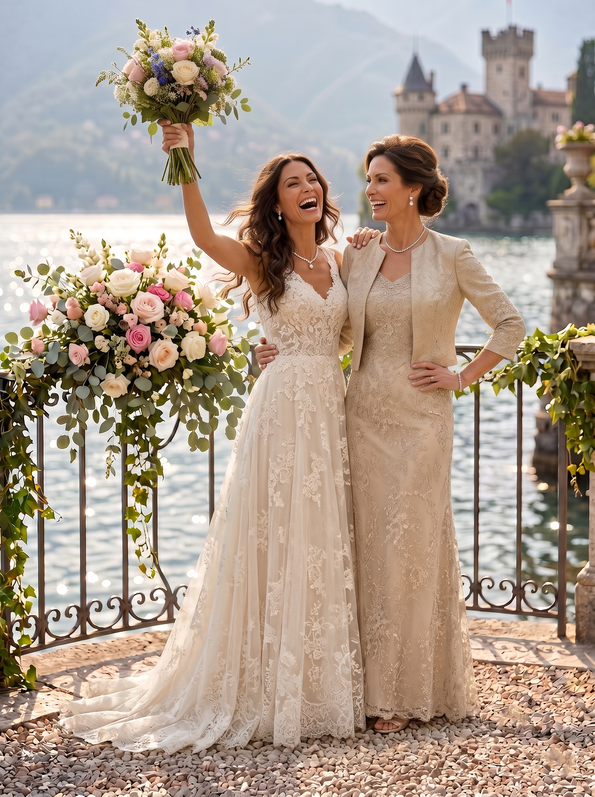 V Neck 3/4 Sleeves 2 Pieces Lace A Line Mother of the Bride Dresses
