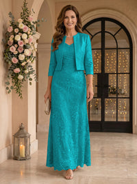 V Neck 3/4 Sleeves 2 Pieces Lace A Line Mother of the Bride Dresses
