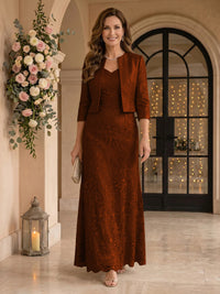 V Neck 3/4 Sleeves 2 Pieces Lace A Line Mother of the Bride Dresses