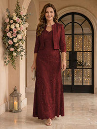 V Neck 3/4 Sleeves 2 Pieces Lace A Line Mother of the Bride Dresses
