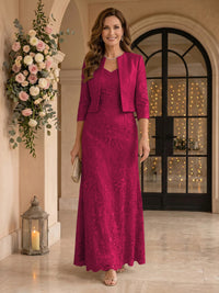 V Neck 3/4 Sleeves 2 Pieces Lace A Line Mother of the Bride Dresses