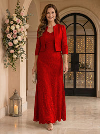 V Neck 3/4 Sleeves 2 Pieces Lace A Line Mother of the Bride Dresses