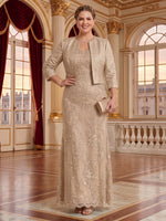 Plus Size V Neck 3/4 Sleeves 2 Pieces Lace A Line Mother of the Bride Dresses