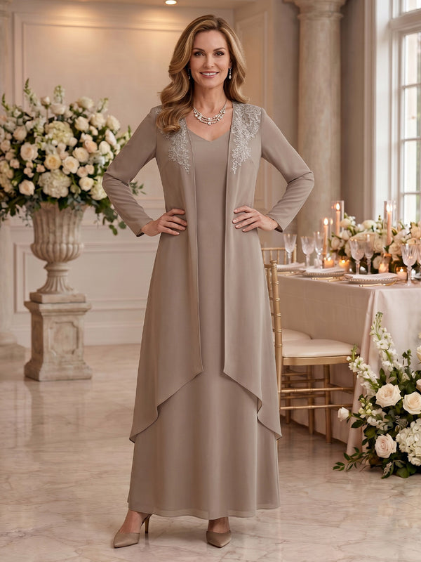 V Neck Long Sleeves 2 Pieces Lace A Line Mother of the Bride/Groom Dresses
