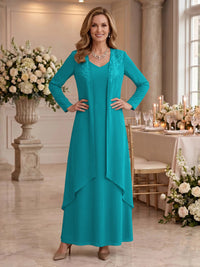 V Neck Long Sleeves 2 Pieces Lace A Line Mother of the Bride/Groom Dresses