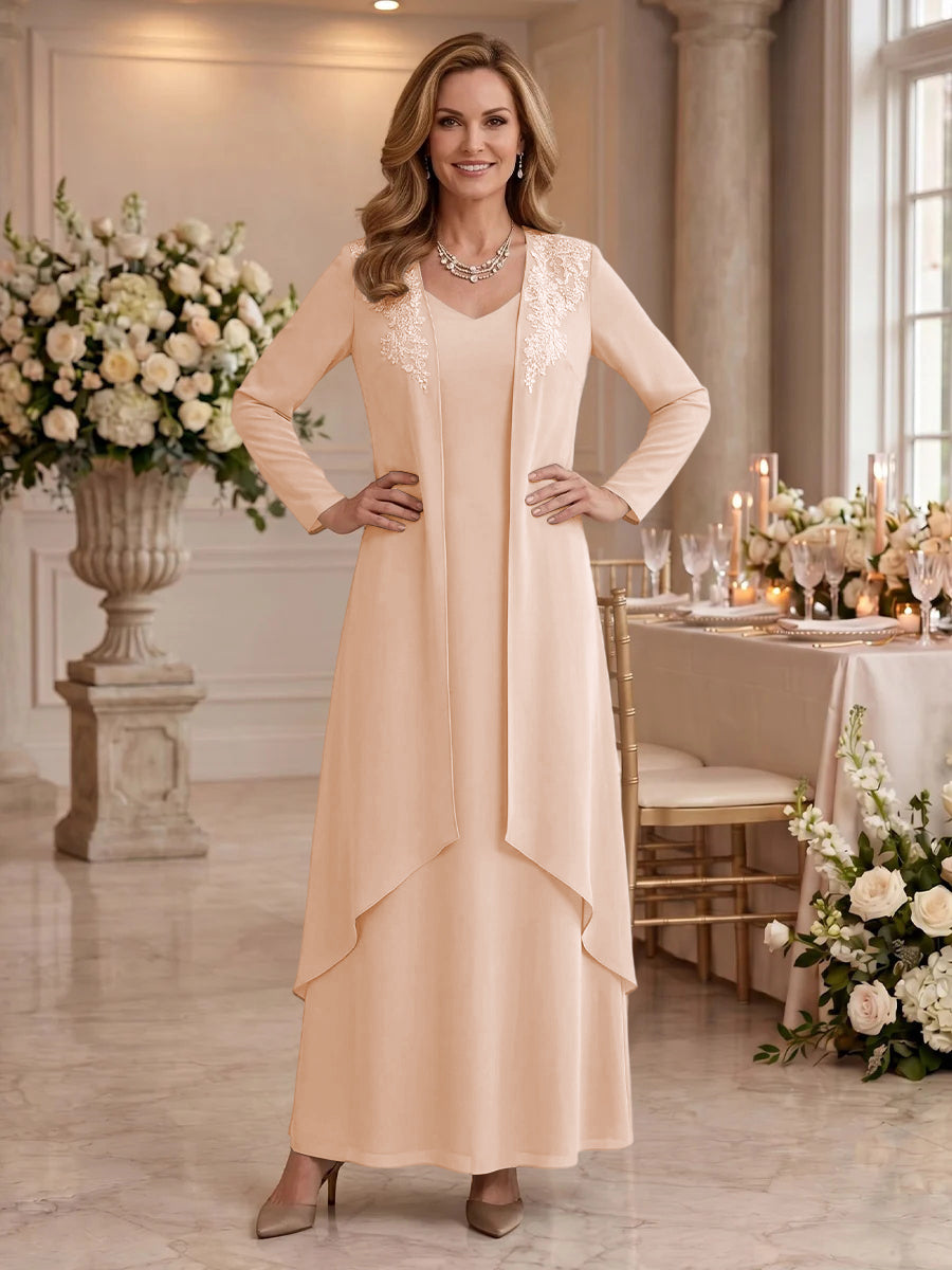 V Neck Long Sleeves 2 Pieces Lace A Line Mother of the Bride/Groom Dresses