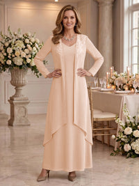 V Neck Long Sleeves 2 Pieces Lace A Line Mother of the Bride/Groom Dresses