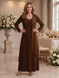 V Neck Long Sleeves 2 Pieces Lace A Line Mother of the Bride/Groom Dresses