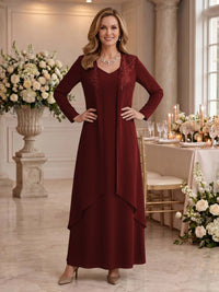 V Neck Long Sleeves 2 Pieces Lace A Line Mother of the Bride/Groom Dresses