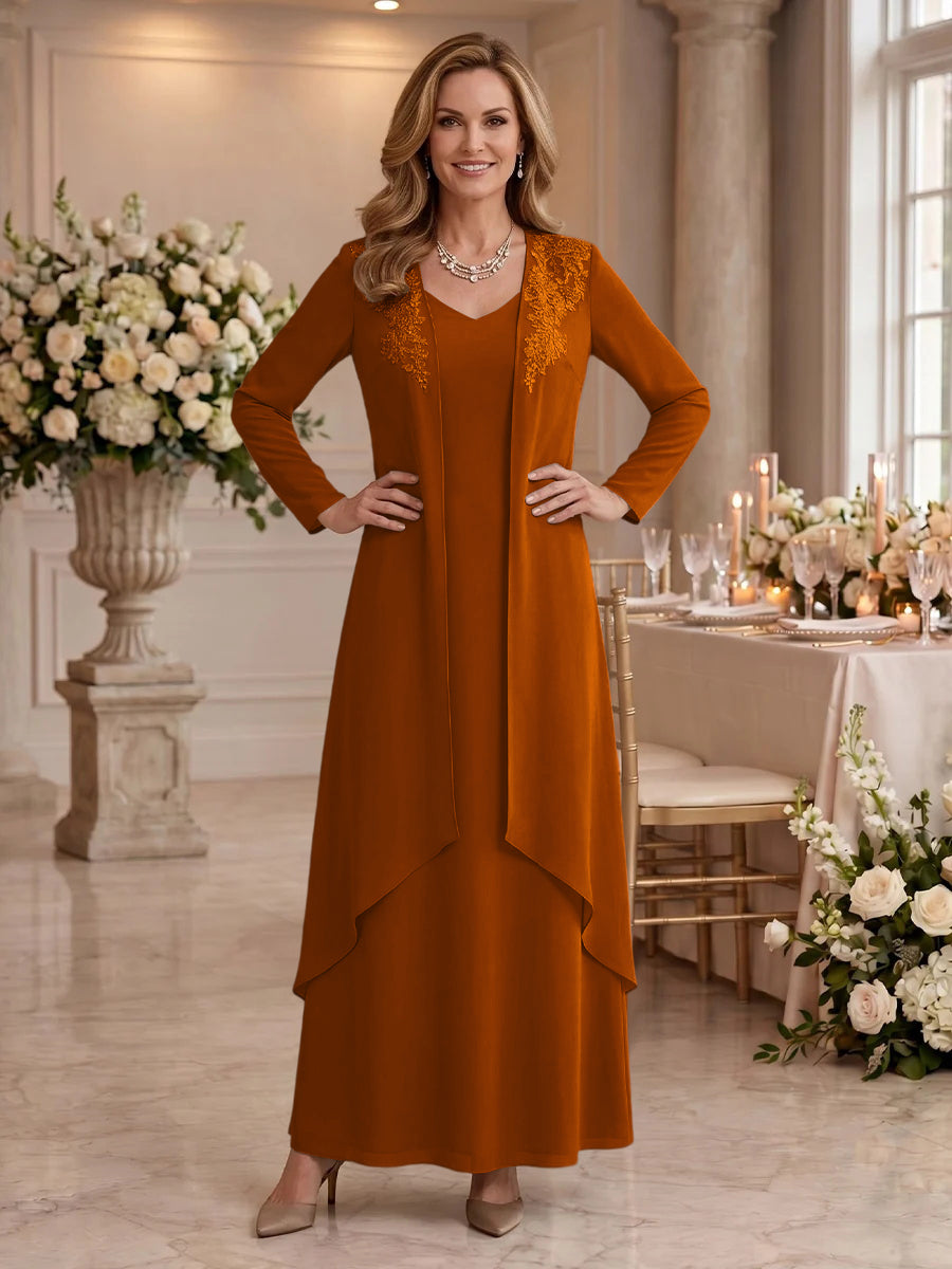 V Neck Long Sleeves 2 Pieces Lace A Line Mother of the Bride/Groom Dresses