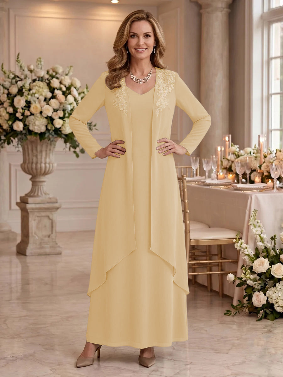 V Neck Long Sleeves 2 Pieces Lace A Line Mother of the Bride/Groom Dresses