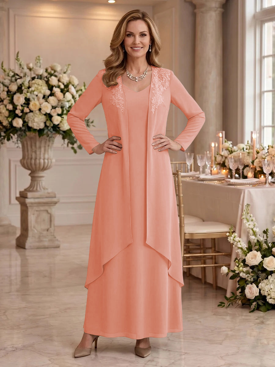 V Neck Long Sleeves 2 Pieces Lace A Line Mother of the Bride/Groom Dresses