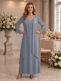 V Neck Long Sleeves 2 Pieces Lace A Line Mother of the Bride/Groom Dresses