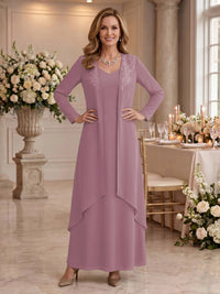 V Neck Long Sleeves 2 Pieces Lace A Line Mother of the Bride/Groom Dresses