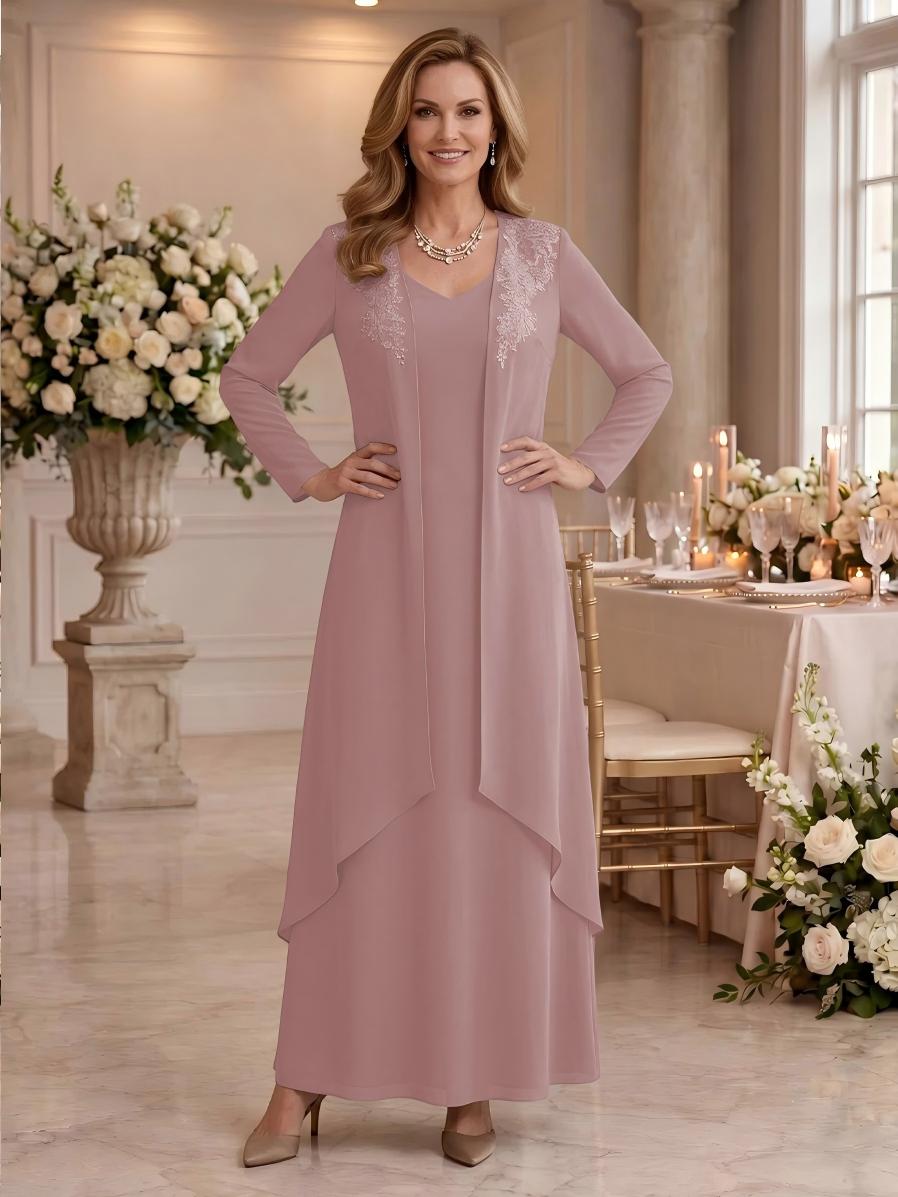V Neck Long Sleeves 2 Pieces Lace A Line Mother of the Bride/Groom Dresses