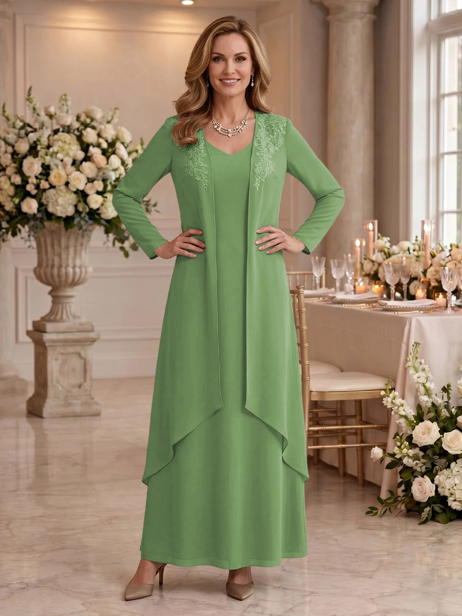 V Neck Long Sleeves 2 Pieces Lace A Line Mother of the Bride/Groom Dresses