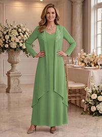 V Neck Long Sleeves 2 Pieces Lace A Line Mother of the Bride/Groom Dresses