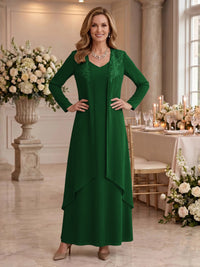 V Neck Long Sleeves 2 Pieces Lace A Line Mother of the Bride/Groom Dresses