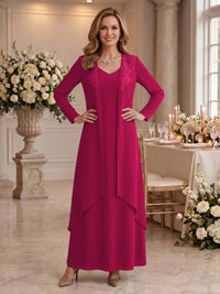 V Neck Long Sleeves 2 Pieces Lace A Line Mother of the Bride/Groom Dresses