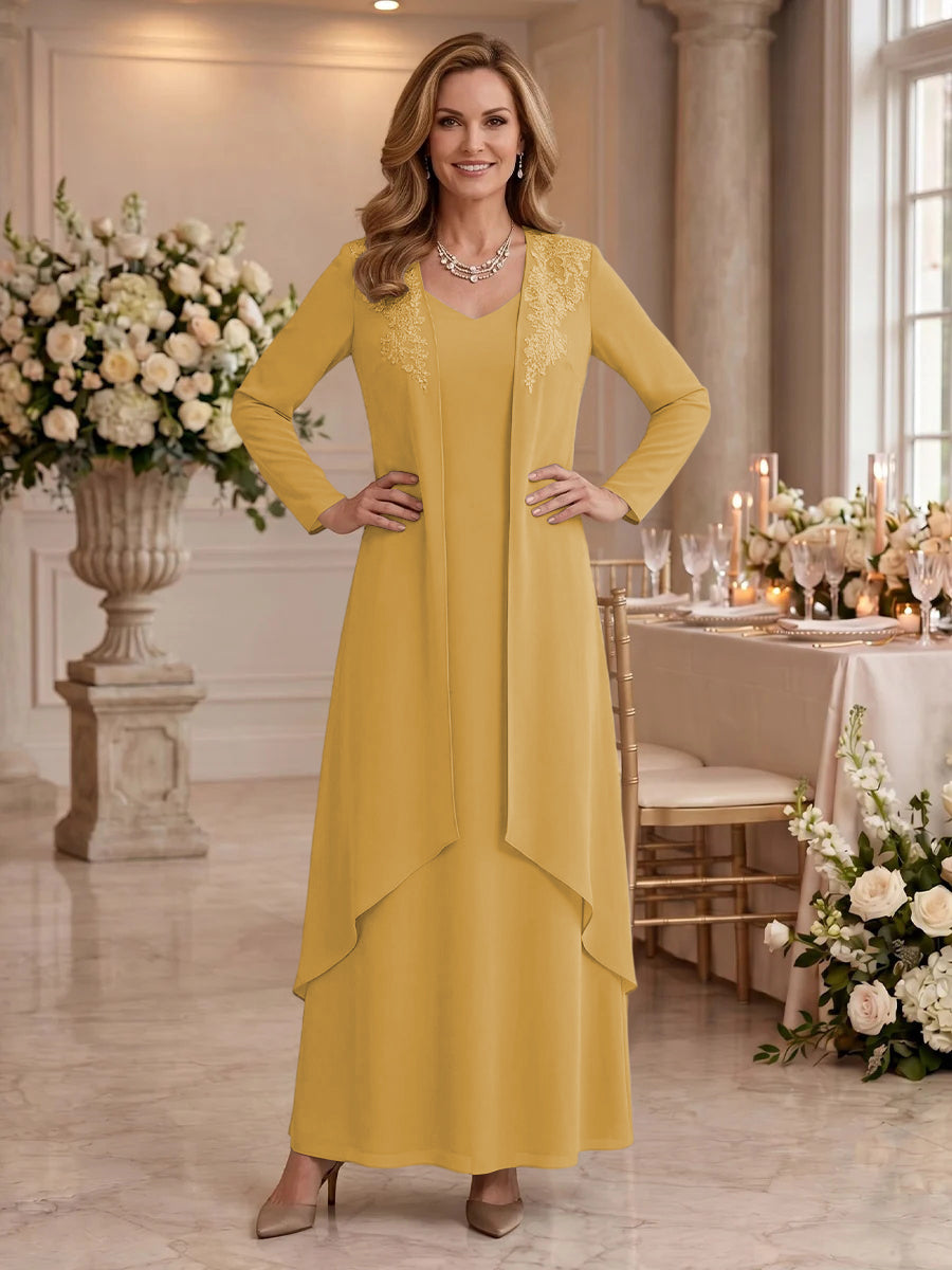 V Neck Long Sleeves 2 Pieces Lace A Line Mother of the Bride/Groom Dresses