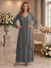 V Neck Long Sleeves 2 Pieces Lace A Line Mother of the Bride/Groom Dresses