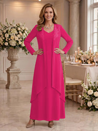 V Neck Long Sleeves 2 Pieces Lace A Line Mother of the Bride/Groom Dresses