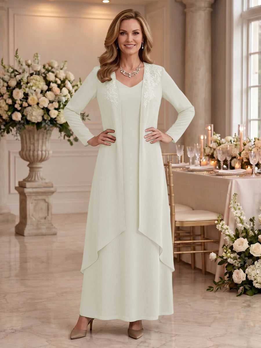 V Neck Long Sleeves 2 Pieces Lace A Line Mother of the Bride/Groom Dresses