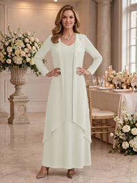 V Neck Long Sleeves 2 Pieces Lace A Line Mother of the Bride/Groom Dresses