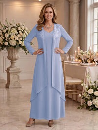 V Neck Long Sleeves 2 Pieces Lace A Line Mother of the Bride/Groom Dresses