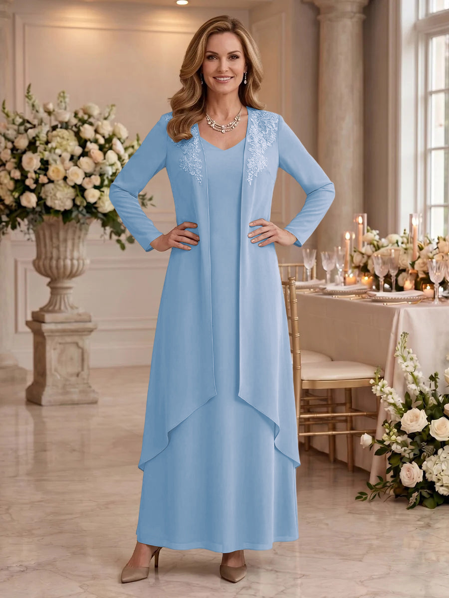 V Neck Long Sleeves 2 Pieces Lace A Line Mother of the Bride/Groom Dresses