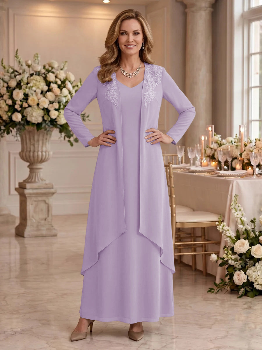V Neck Long Sleeves 2 Pieces Lace A Line Mother of the Bride/Groom Dresses
