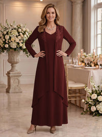 V Neck Long Sleeves 2 Pieces Lace A Line Mother of the Bride/Groom Dresses