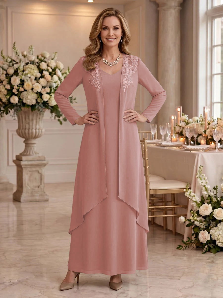 V Neck Long Sleeves 2 Pieces Lace A Line Mother of the Bride/Groom Dresses