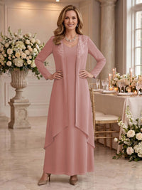 V Neck Long Sleeves 2 Pieces Lace A Line Mother of the Bride/Groom Dresses