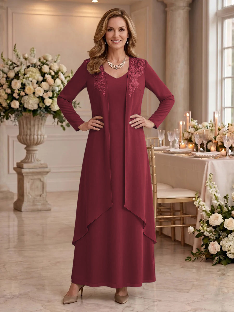 V Neck Long Sleeves 2 Pieces Lace A Line Mother of the Bride/Groom Dresses