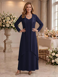 V Neck Long Sleeves 2 Pieces Lace A Line Mother of the Bride/Groom Dresses