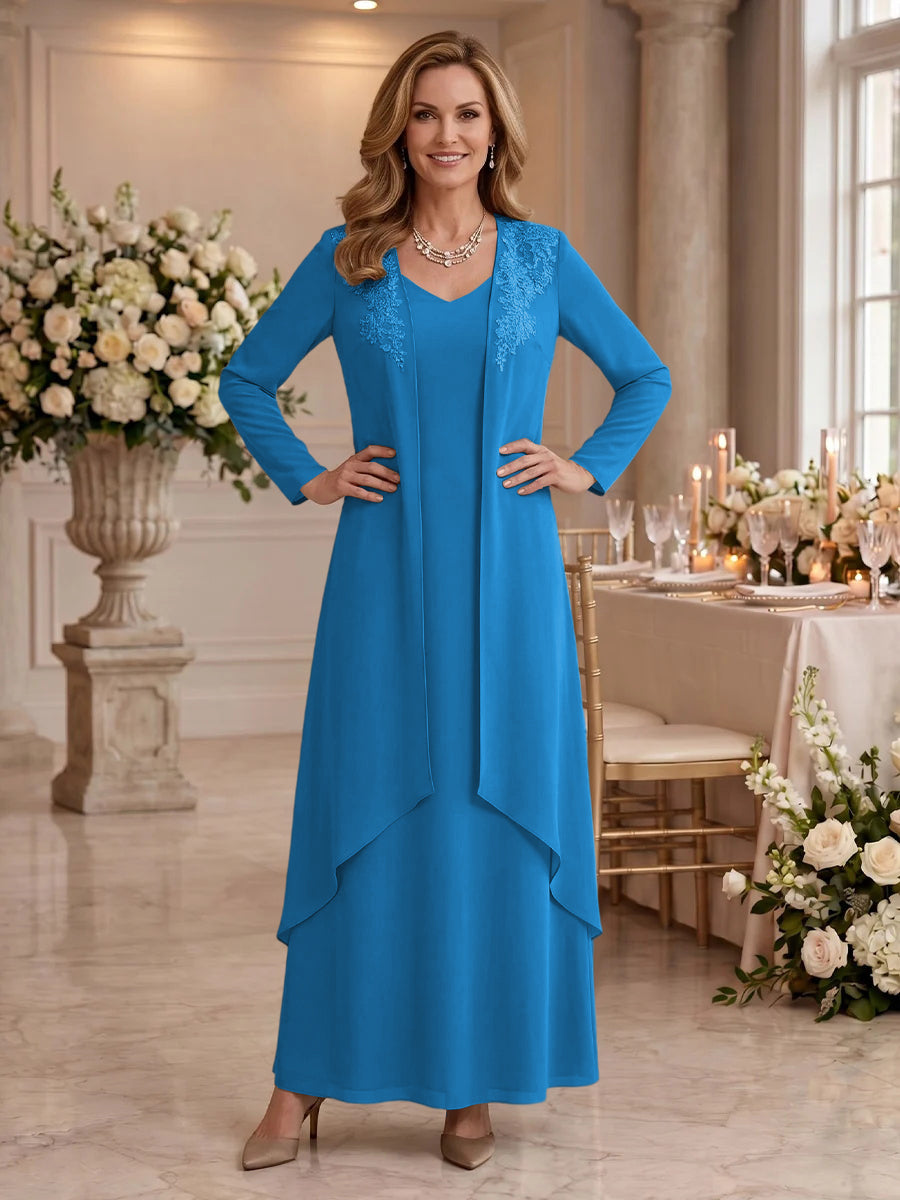 V Neck Long Sleeves 2 Pieces Lace A Line Mother of the Bride/Groom Dresses