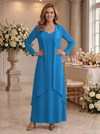 V Neck Long Sleeves 2 Pieces Lace A Line Mother of the Bride/Groom Dresses